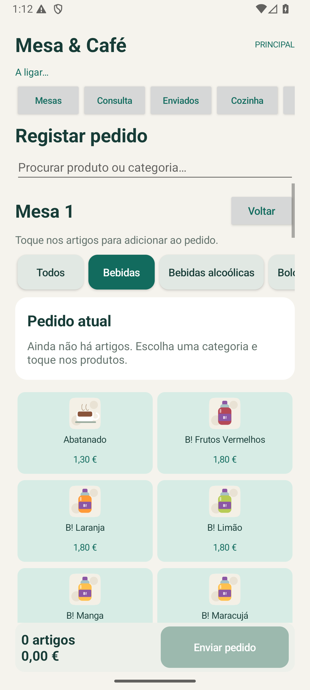 Ecrã de pedidos da aplicação Mesa e Café
